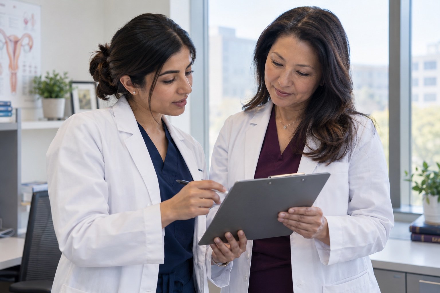 An early-career physician reviewing application notes with a mentor