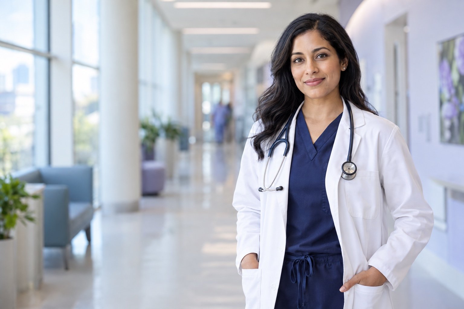 OB-GYN physician in a bright academic hospital corridor